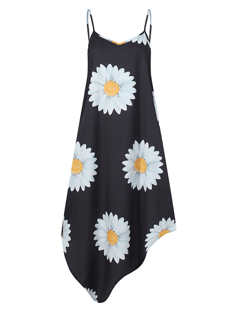 Hawaiian Style Holiday Small Daisies Print Irregular Hem V-Neck Sling Sleeveless Midi Dress