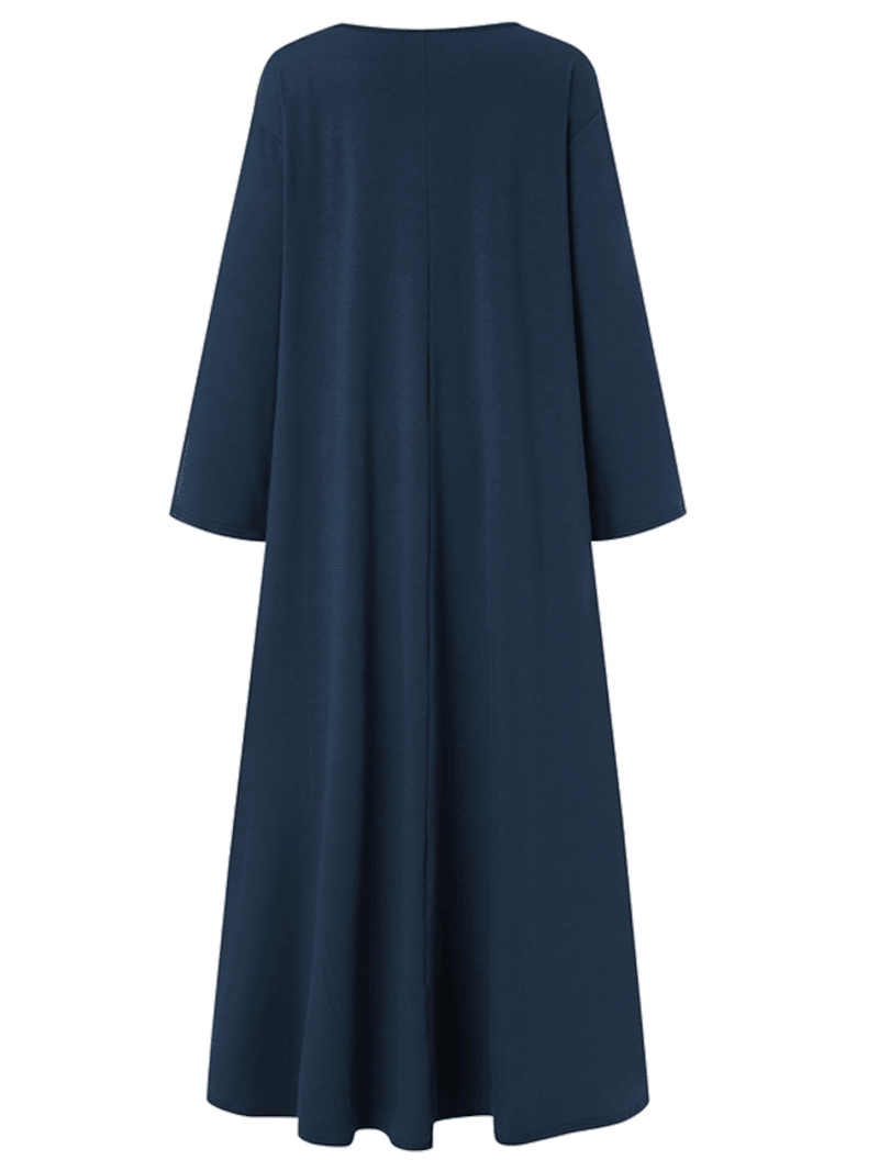 Women Casual Solid Color V-Neck Loose Long Sleeve Swing Maxi Dress