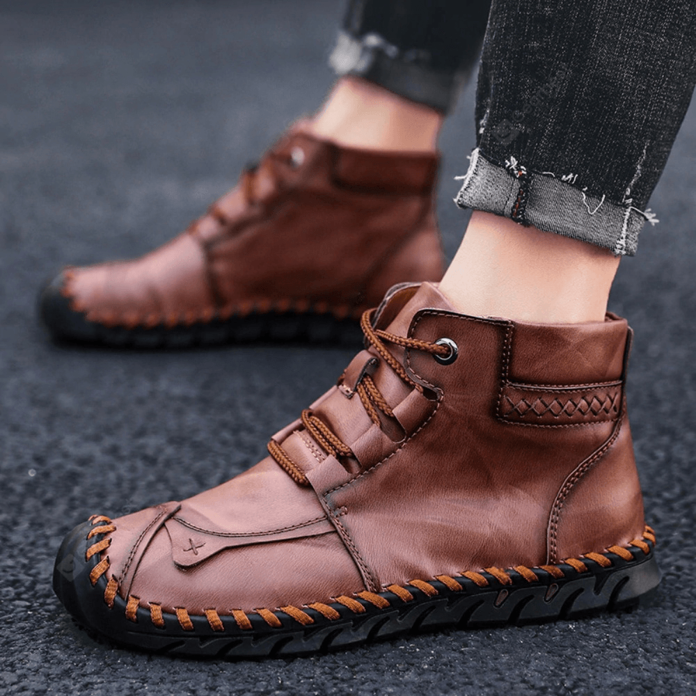 Menico Men Anti-Collision Leather Hand Stitching Slip Resistant Outdoor Ankle Boots