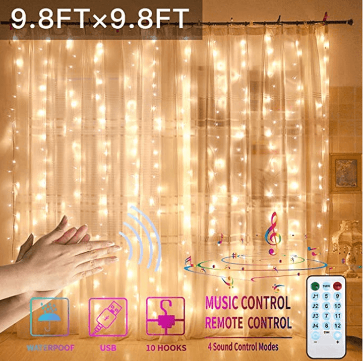 3X3M300 GYTF Curtain Lights with Sound Activated USB Powered LED Fairy Christmas Lights with Remote Sync-To-Music Setting 8 Mode Hanging Light for Bedroom Wedding Decorations