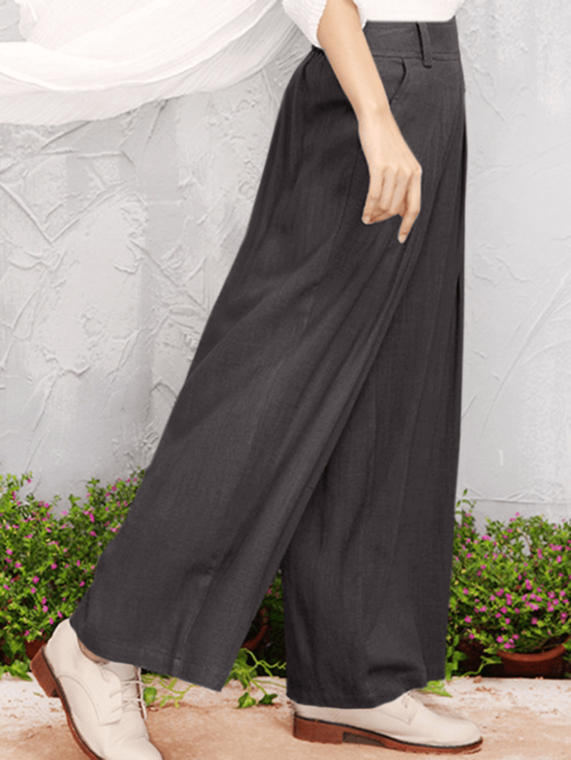 Wide-Legged Elastic Waist Solid Color Pants with Side Pockets