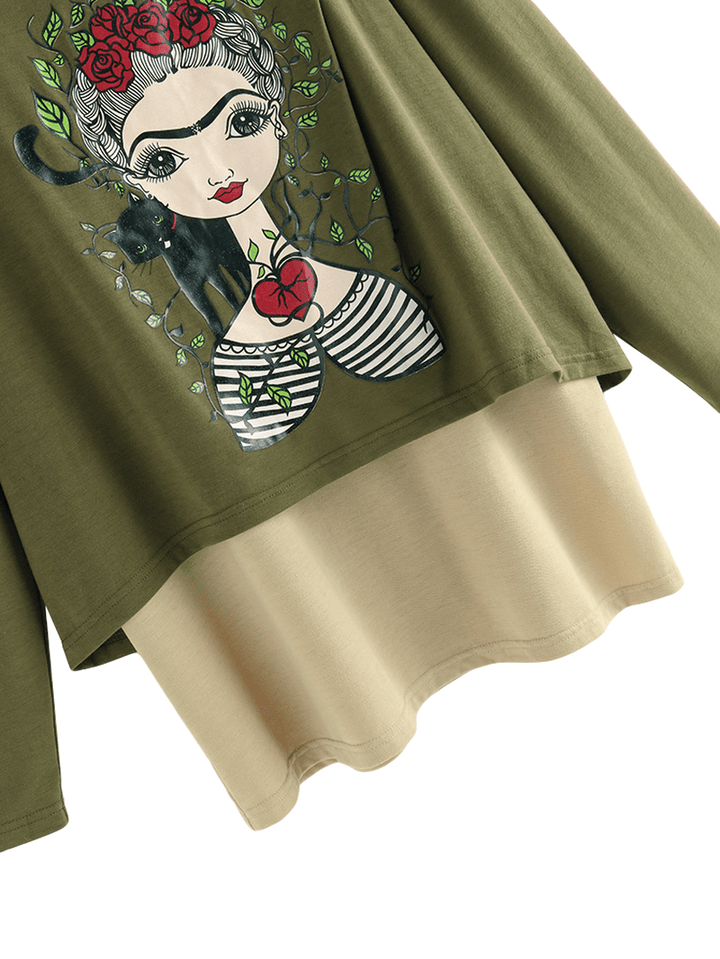 Print Girl Button Long Sleeve Vintage Blouse