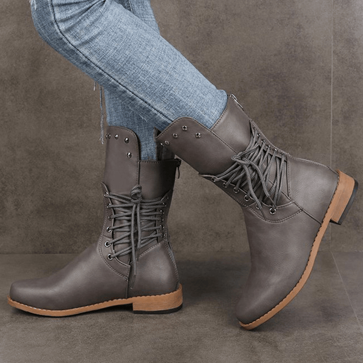 Plus Size Women Retro Rivet Cross Strap Back Zipper Mid Calf Boots