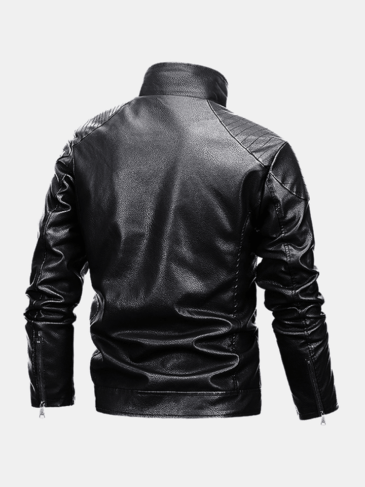 Mens Multi Pocket Zipper Button Long Sleeve Warm PU Leather Biker Jacket