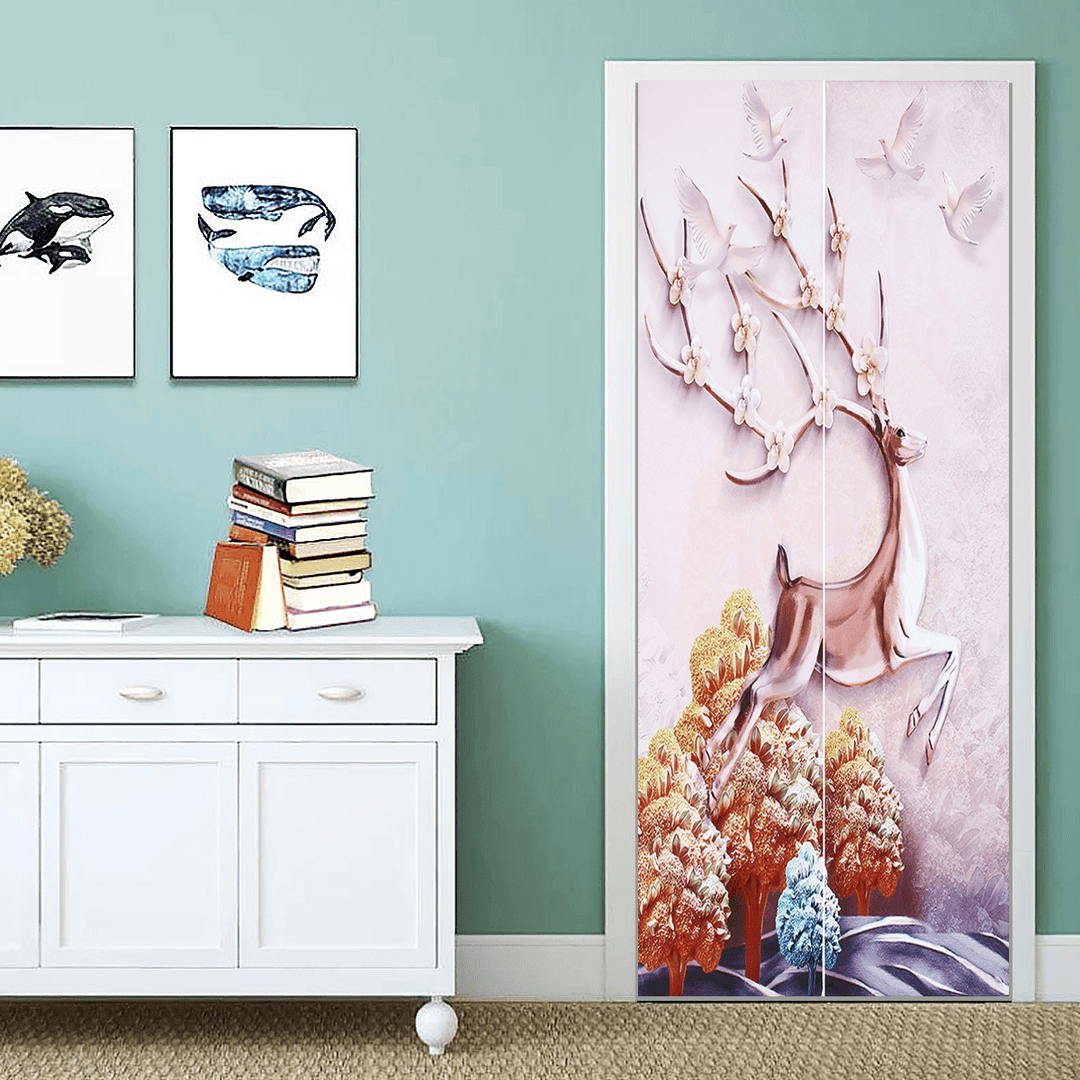 3D Door Wall Sticker Fridge Deer Sticker Wrap Mural Decal Art Decor Self Adhesive Room