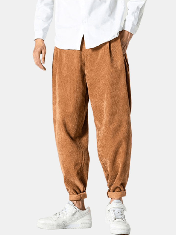 Mens Corduroy Cotton Solid Loose Zipper Fly Pants with Pocket