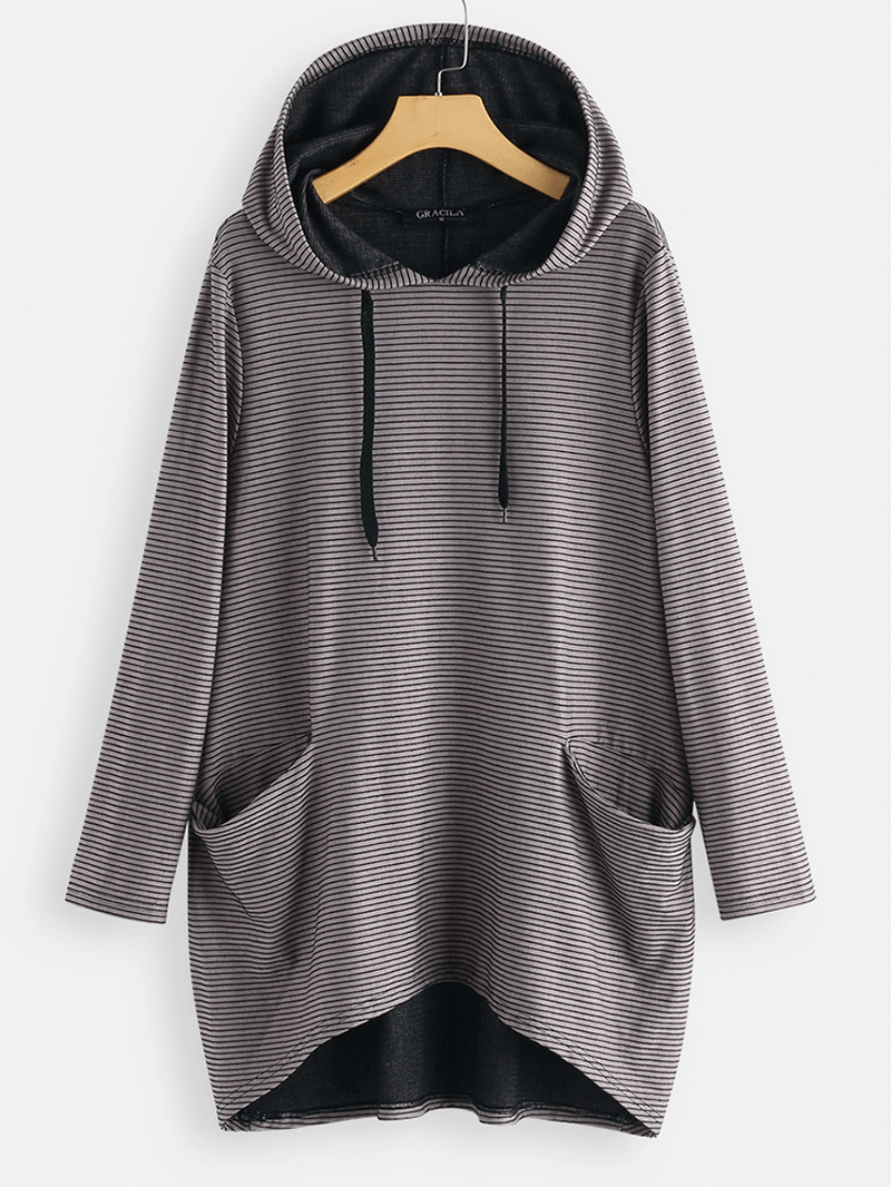 Pockets Stripe Irregular Long Sleeve Hoodie - MRSLM