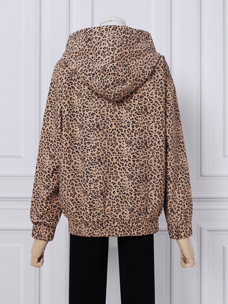 Women Leopard Printed Front Pocket Full Sleeve Hooded Collar Casual Sweatshirt