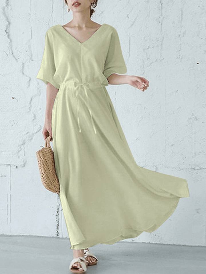 Solid Color V-Neck Drawstring Waist Short Sleeve Maxi Dress