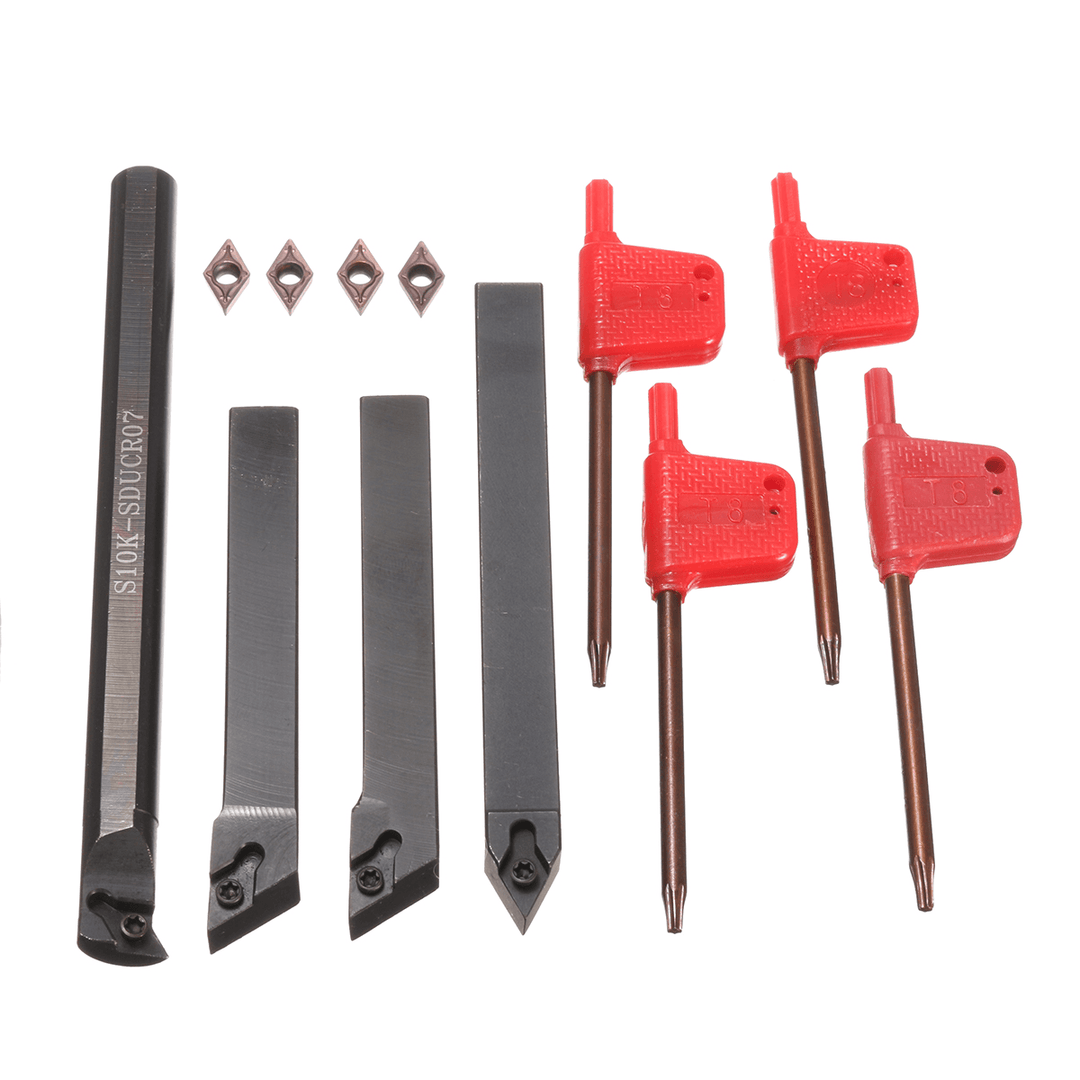 4Pcs S10K-SDUCR07/SDJCR/SDJCL/SDNCN1010H07 Turning Tool Holder Set with 4Pcs DCMT0702 Inserts