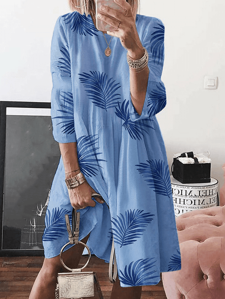 Women Floral Plant Print Long Sleeve Beach Holiday Loose Dress - MRSLM