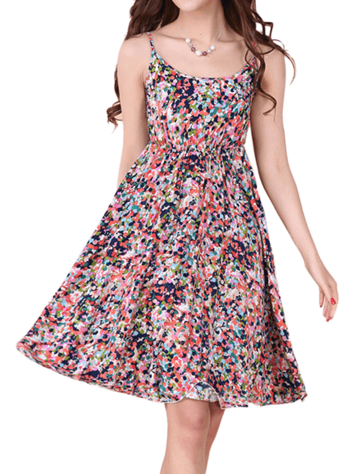 Bohemian Women Strap Flower Pattern Printing Beach A-Line Dress - MRSLM