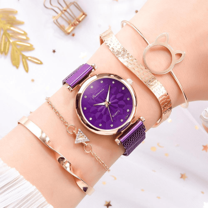 5 PCS Combination Women Bracelet Watch Set Flower Dial Mesh Steel Band Quartz Watch