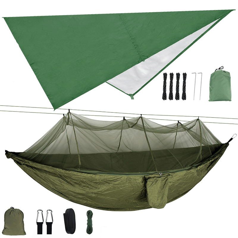 Double Person Camping Hammock with Mosquito Net + Awning Outdoor Hiking Travel Hanging Hammock Set Bearable 300Kg