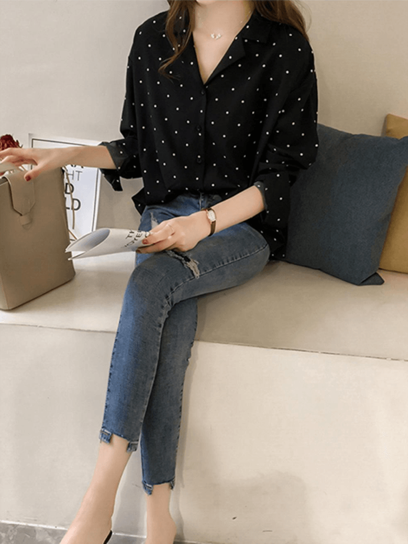 Polka Dot Print V-Neck Long Sleeve Casual Blouse