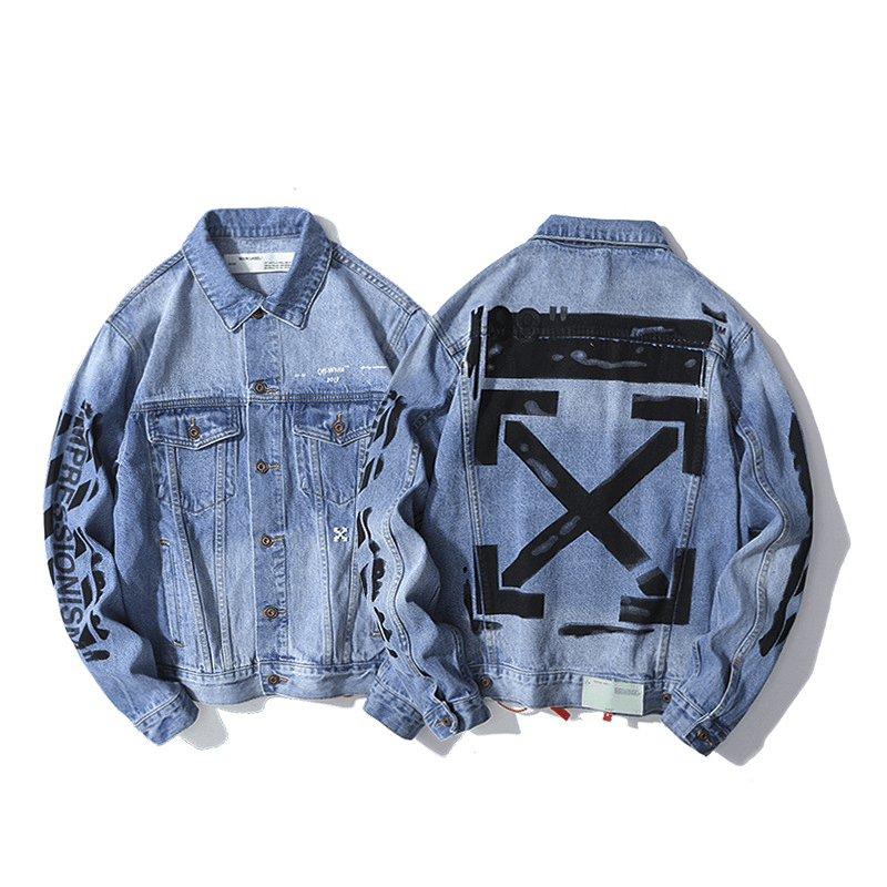 New Men'S Casual Basic Arrow Letter Graffiti Denim Jacket