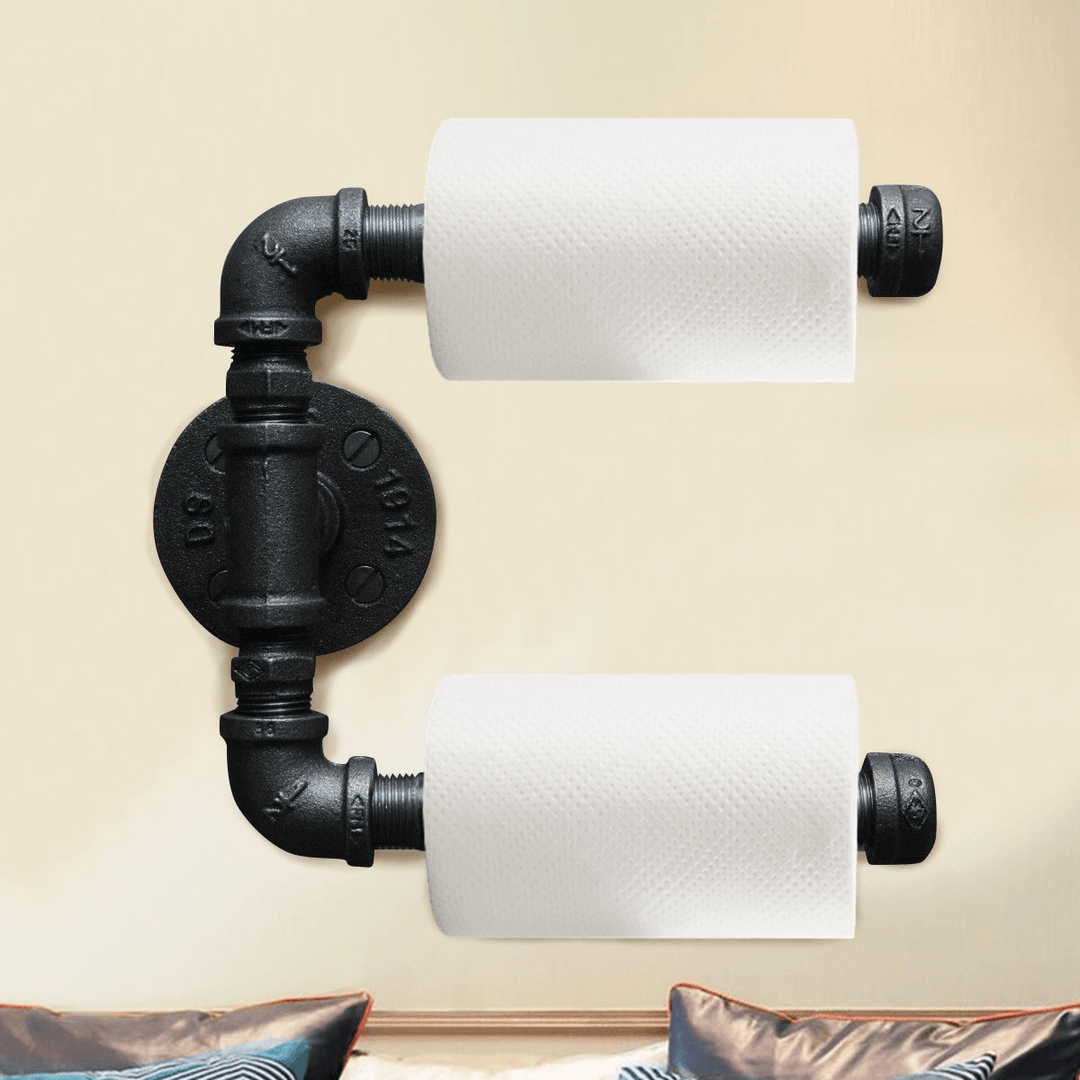 Urban Industrial Retro Steampunk Pipe Antique Double Toilet Roll Holder Paper Shelf Holder