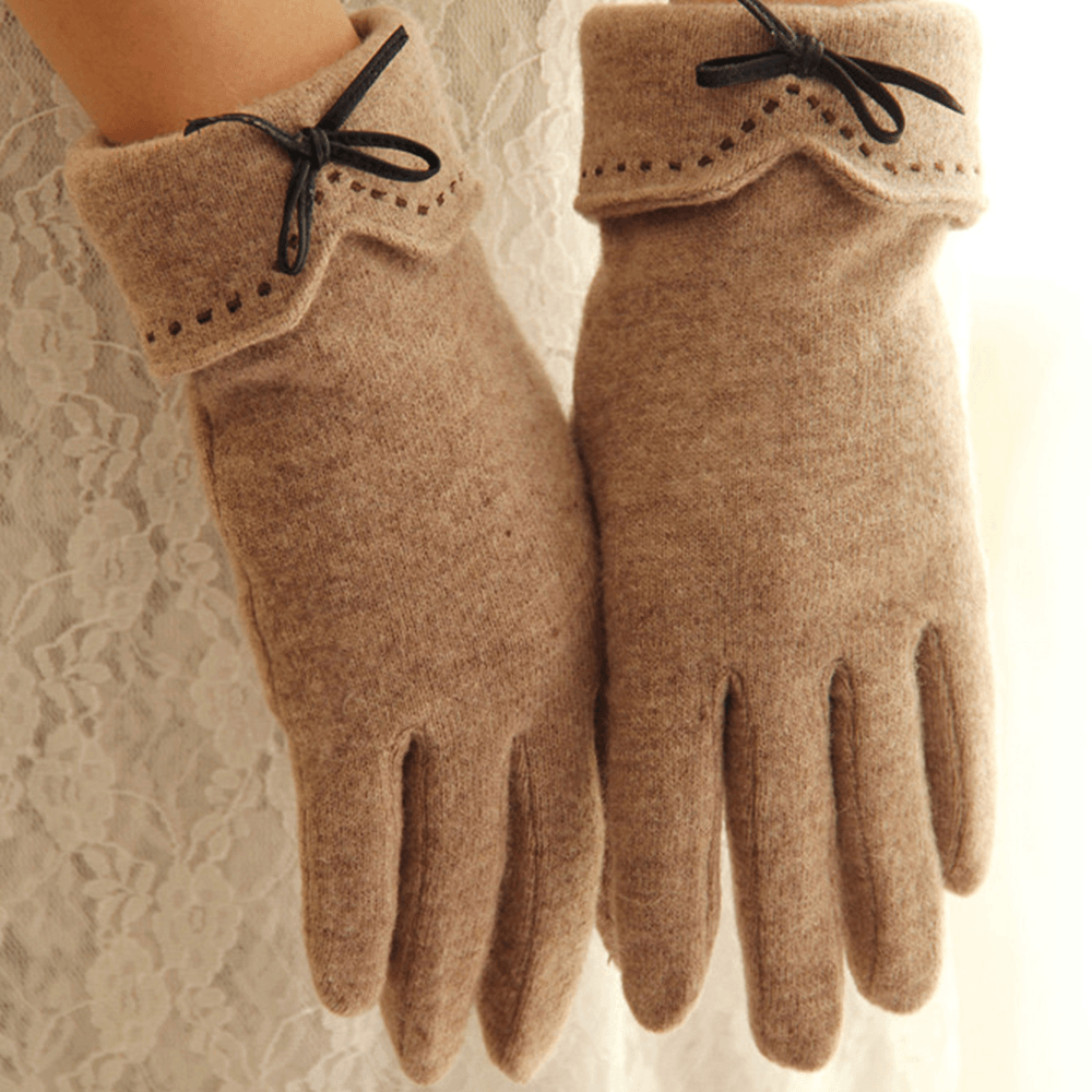 Women Wool Screen-Touchable Embroidery Dotted Line Bowknot Keep Warm Fashion Casual Gloves