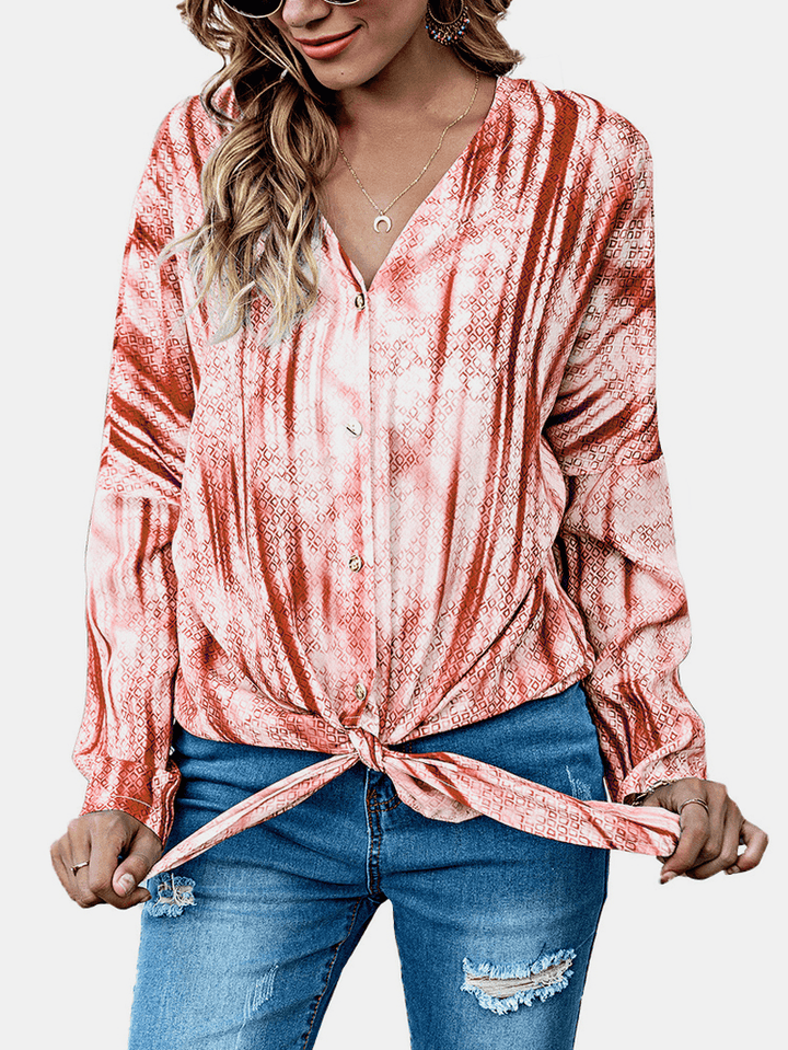 Women Tie Dye Print Knotted Long Sleeve Casual Blouse - MRSLM