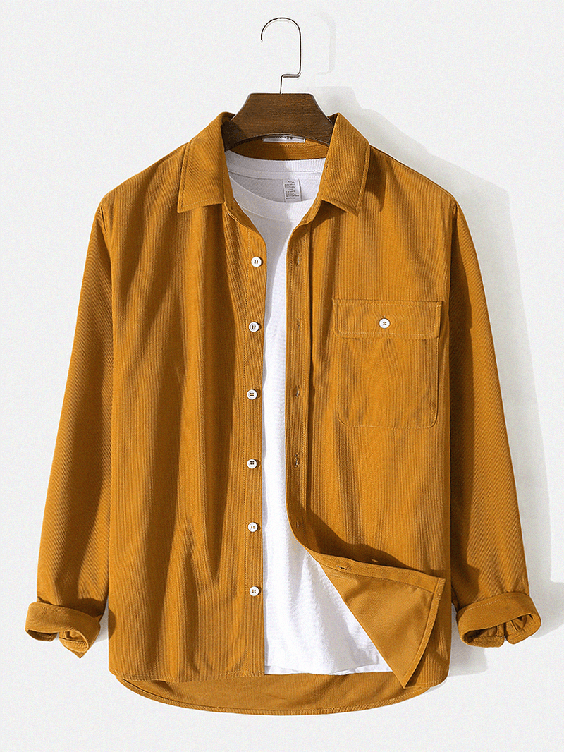 Mens Yellow Button down Long-Sleeve Corduroy Shirt