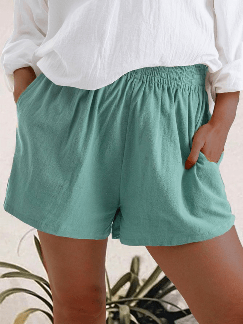 Women Casual Solid Color Elastic Waist Pocket Shorts - MRSLM