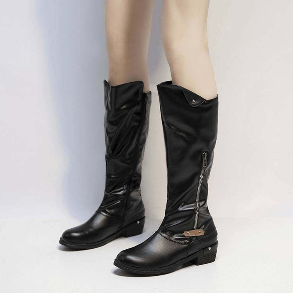 Plus Size Women round Toe Side Zipper Low Heel Knee Boots