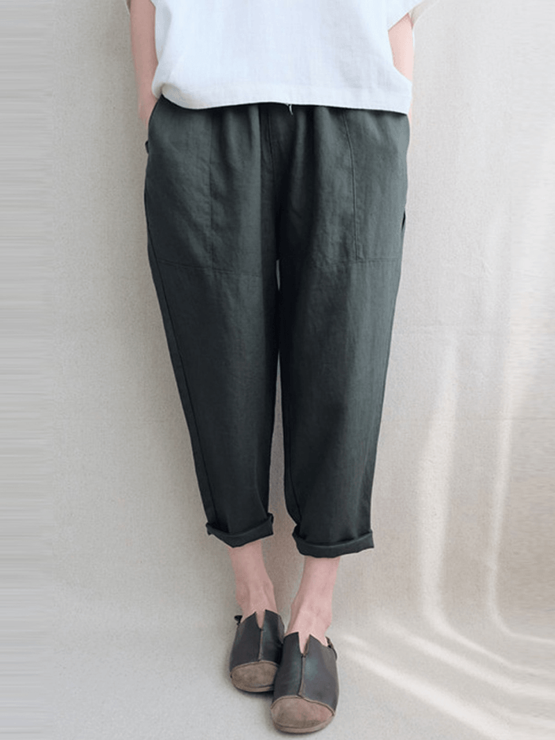 Women Vintage High Elastic Waist Solid Loose Cotton Harem Pants - MRSLM