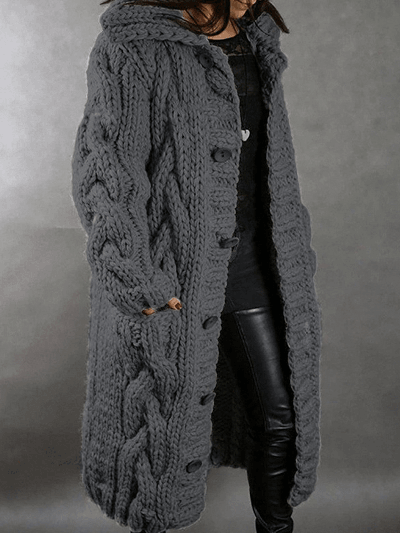 Women Solid Color Jacquard Knitted Mid-Length Hooded Cardigan with Pocket