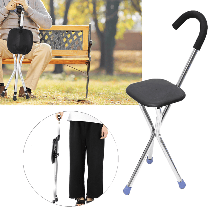 Multifunction 2 in 1 Stainless Lightweight Folding Walking Stick Stool Adjustable Height Non Slip Tripod Cane for Outdoor Hiking Climbing Crutch