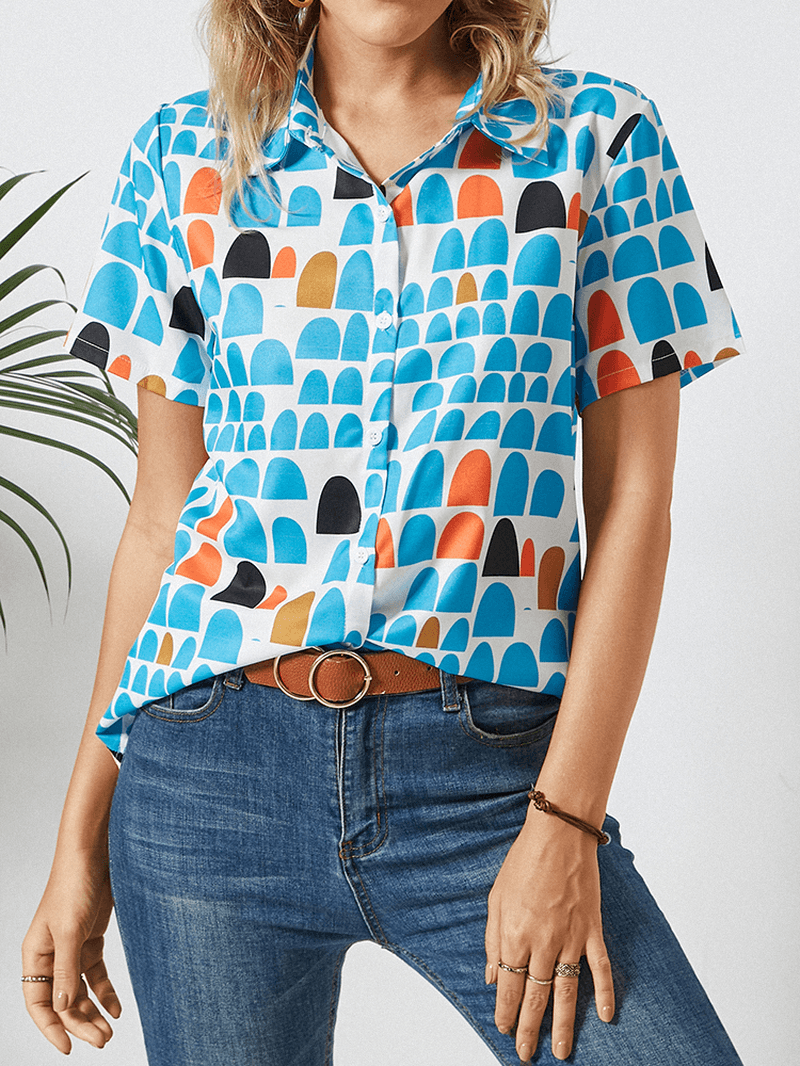 Geometric Print Lapel Short Sleeve Button Blouse for Women - MRSLM