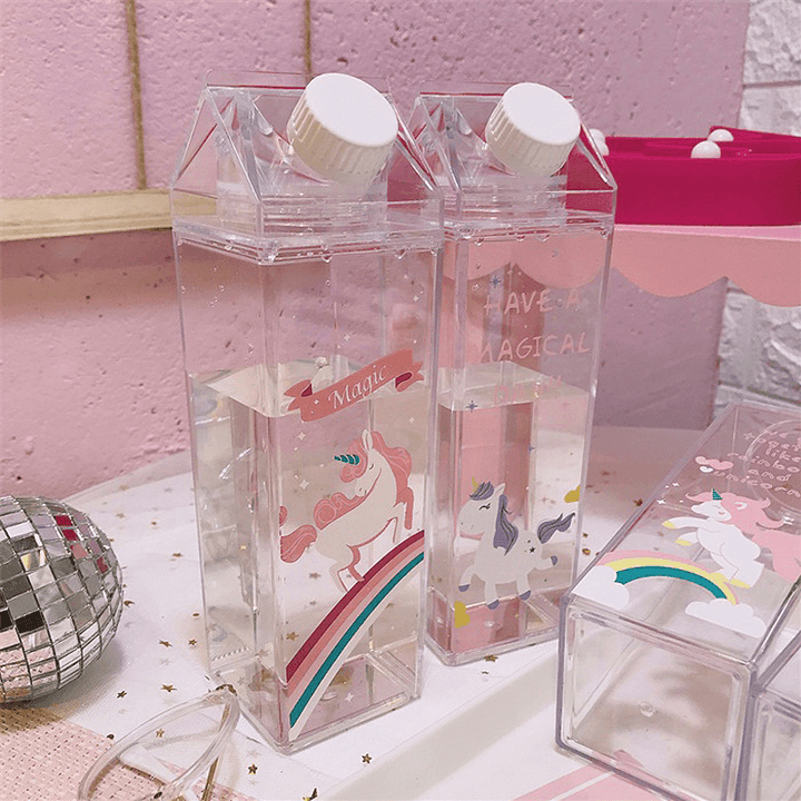 500Ml Fantastic Summer Unicorn Cartoon Milk Drink Box Water Bottle Birthday Kid Clear Plastic Water Bottle Gym Sport Cactus Juice Frui Holder Fitness Picnic