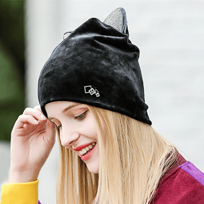 Women Velour Rhinestone Deco Cat Ear Windproof Beanie Cap