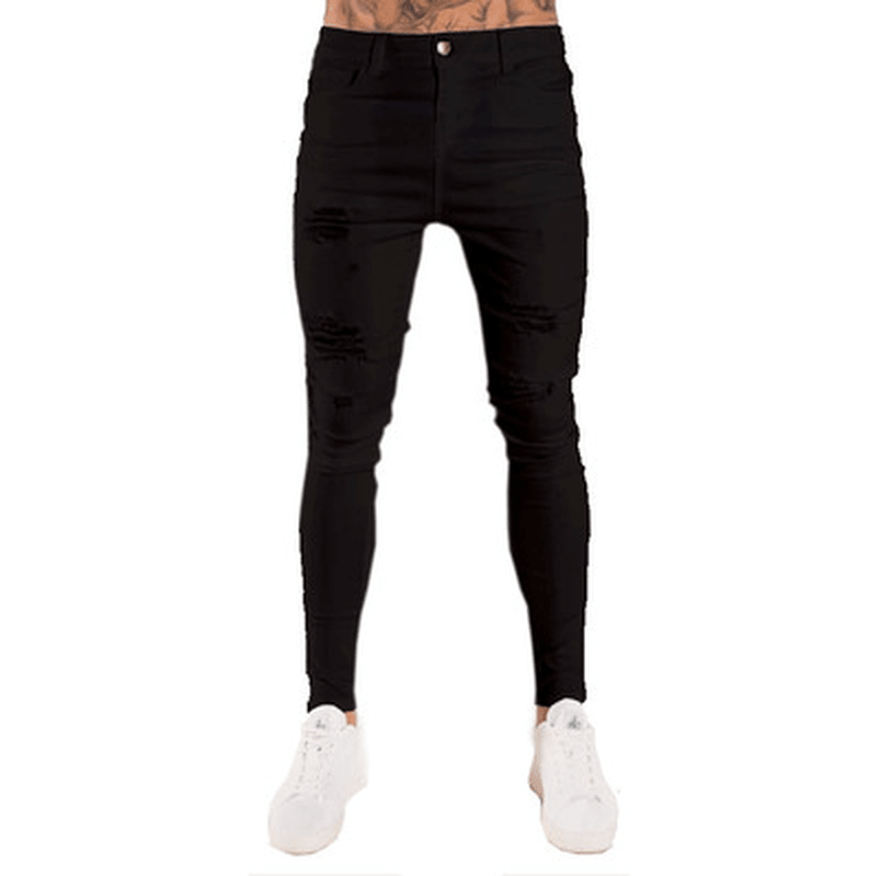 Ripped European and American Black Slim High Waist Jeans Men'S