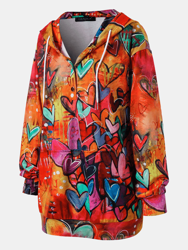 Women Colorful Graffiti Heart Print Long Sleeve Drawstring Hoodie with Kangaroo Pocket