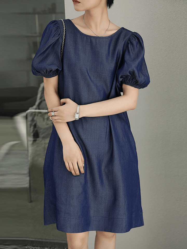 Solid Casual Crew Neck Puff Sleeve Pleated Plain A-Line Midi Dress