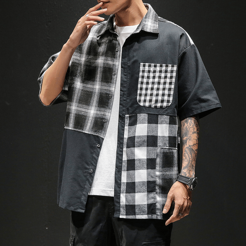 Plaid Shirt Loose Contrast Color Asymmetric Stitching Shirt Jacket