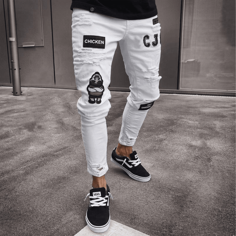 White High-End Denim Men'S Trousers Cross-Border Foreign Trade Hole Trend Black Slim Jeans Men