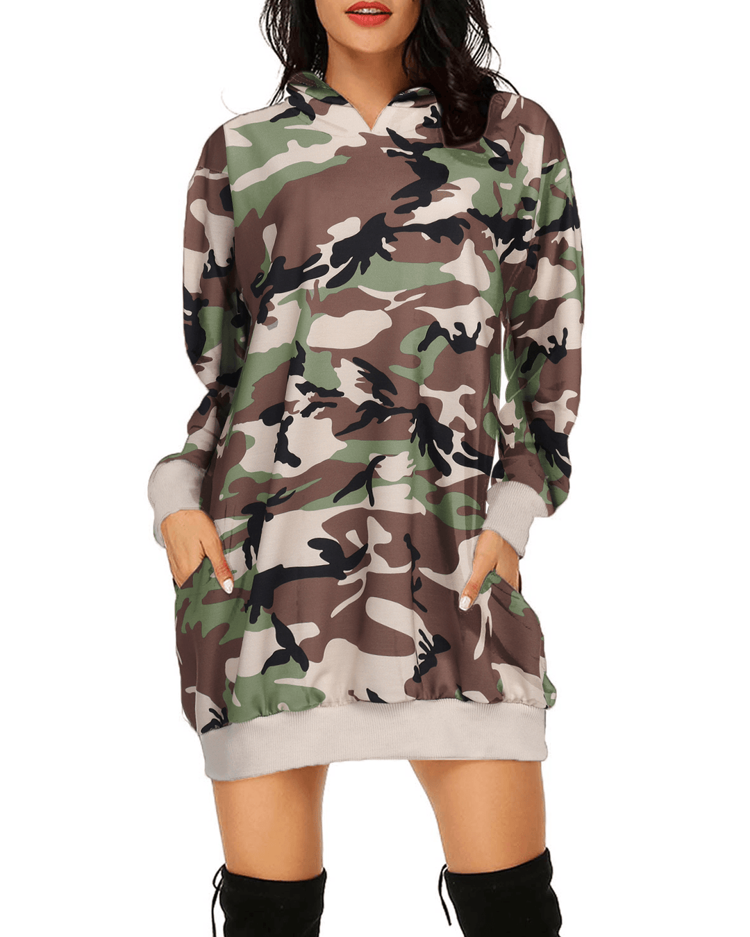 Long Sleeve Hooded Loose Pocket Pullover Camouflage Print Hoodie Dress