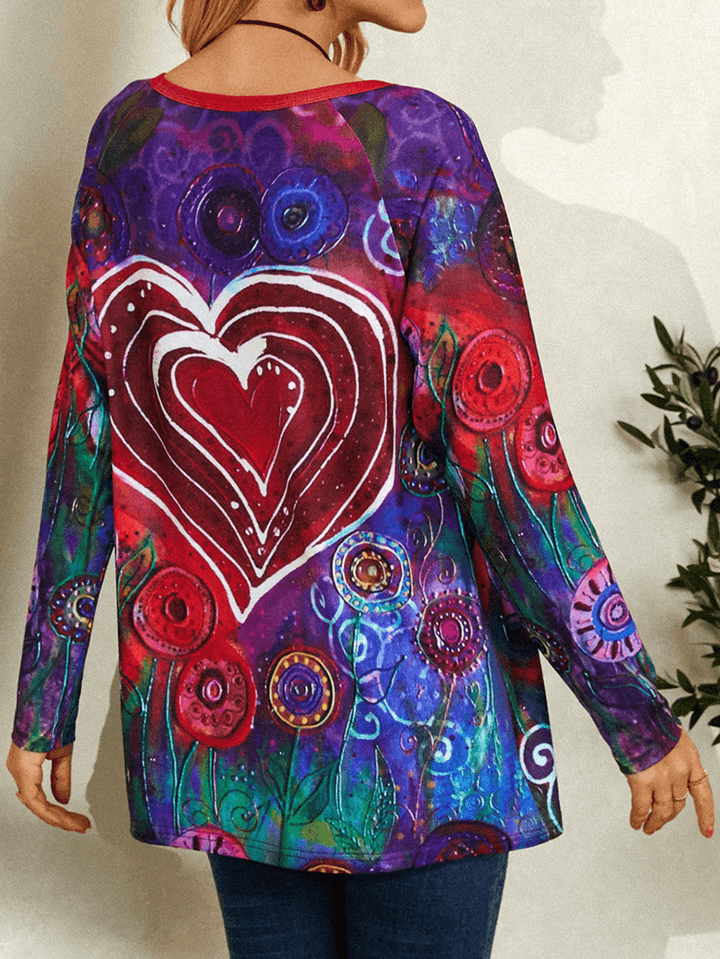 Women Graffiti Heart Floral Print round Neck Casual Long Sleeve T-Shirt