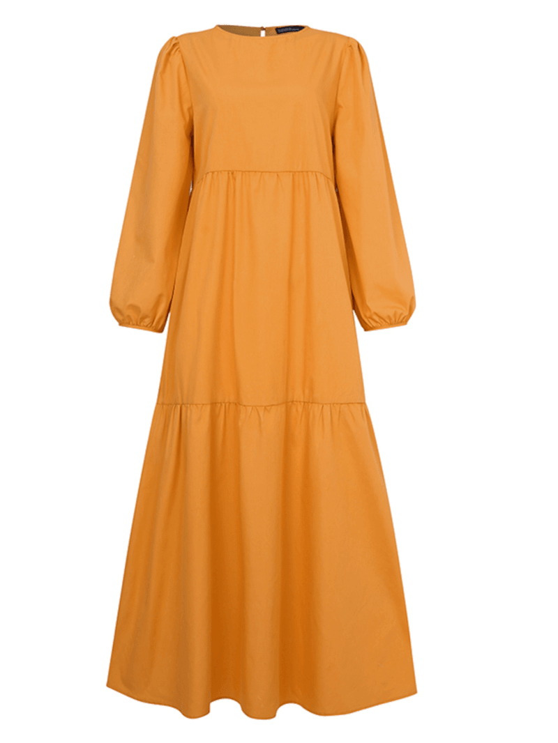 Women Solid Crew Neck Layered Back Buttons Abaya Kaftan Dress