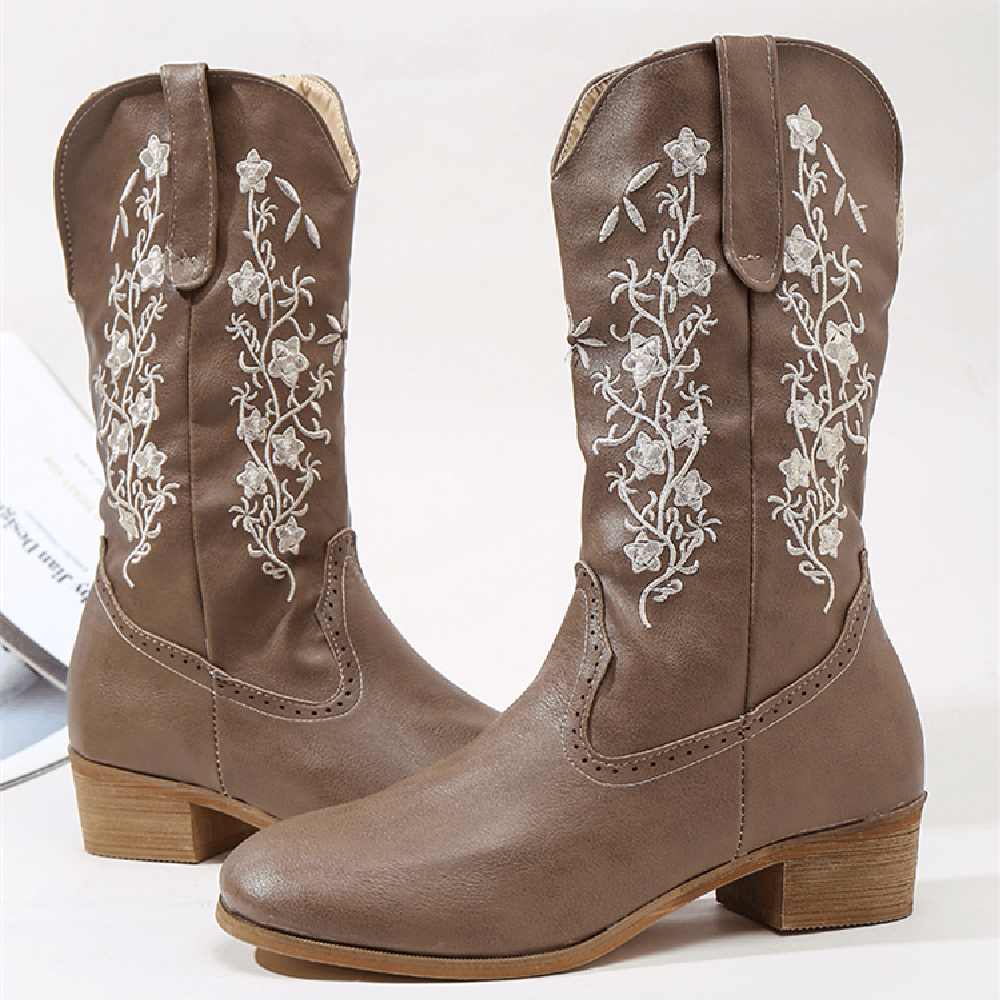 Retro Flowers Square Toe Slip on Mid-Calf Block Heel Cowboy Boots for Women