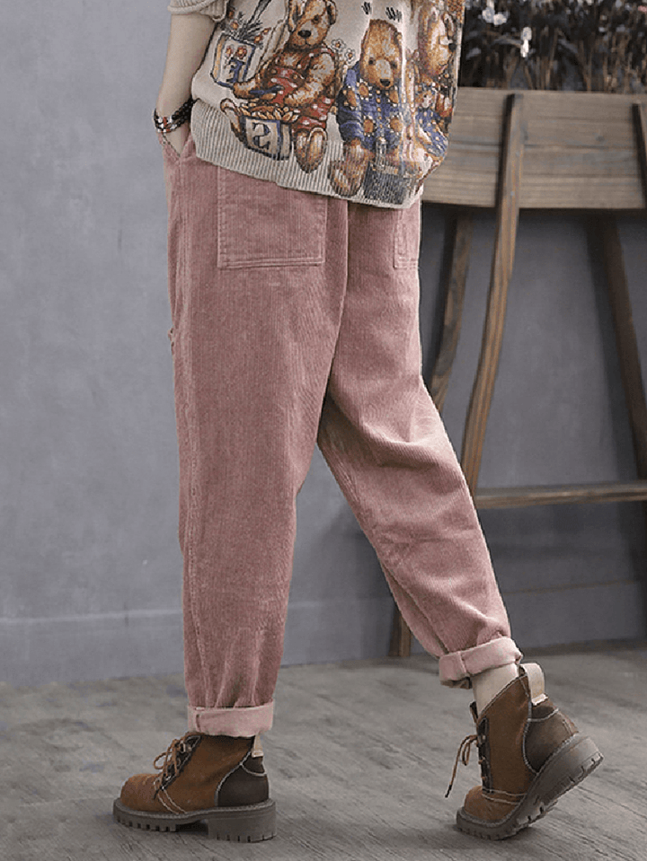 Women Corduroy Cargo Style Elastic Waist Pants with Multi Pocket