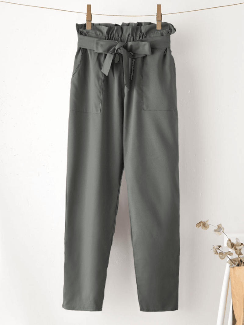 Solid Color Ruffle Knotted Pocket Casual Cropped Pants for Women