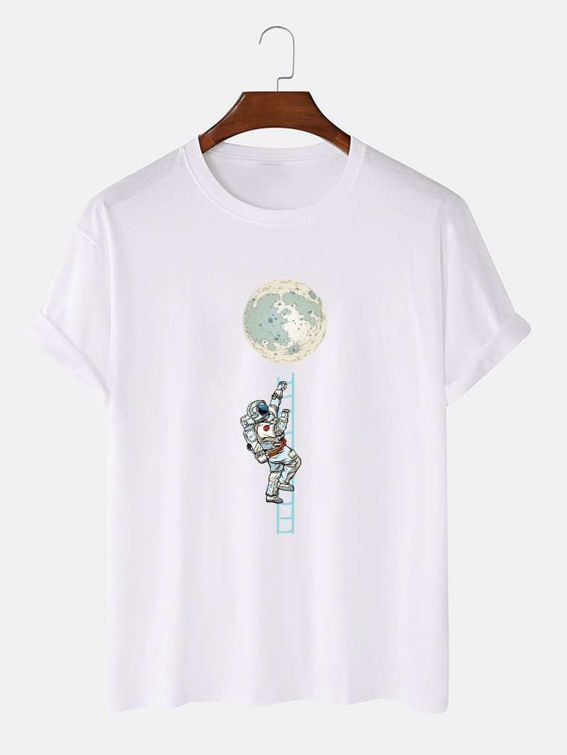 Mens 100% Cotton Funny Astronaut Print Short Sleeve Casual T-Shirts