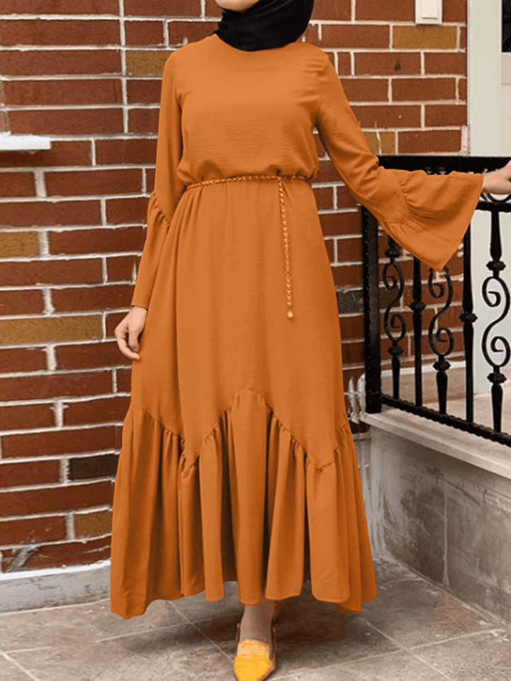 Women Solid Color Ruffle Long Sleeve Simple Kaftan Maxi Dresses