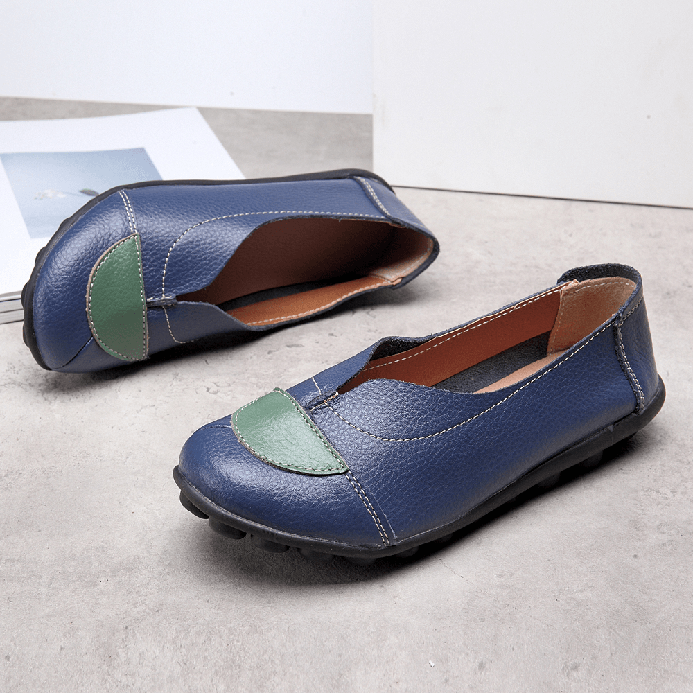 Women V Shaped Stitching Leather Casual Flat Loafers Shoes