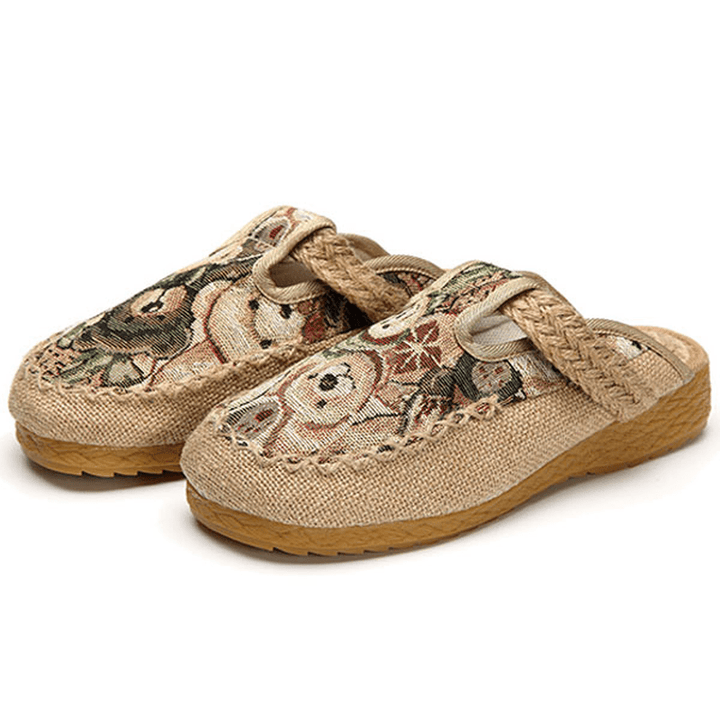 Women Flats Cartoon Flax Outdoor Embroidery Slipper