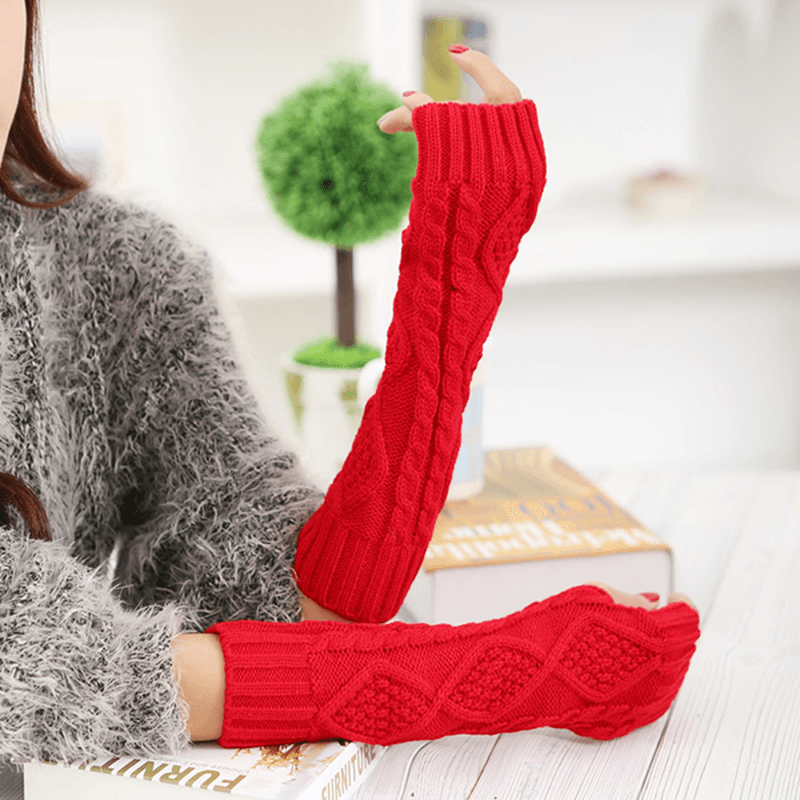 Women Winter Warm Knitting Fingerless Long Sleeve Gloves Casual Rhombic Pattern Gloves