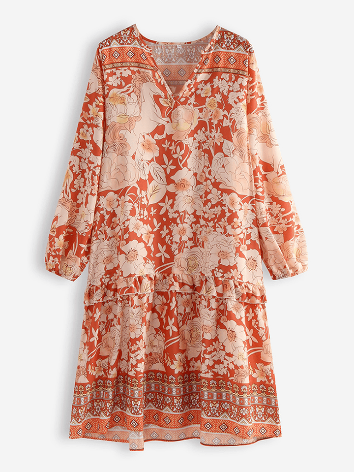 Bohemian Floral Print Patch V-Neck Loose Casual Dress