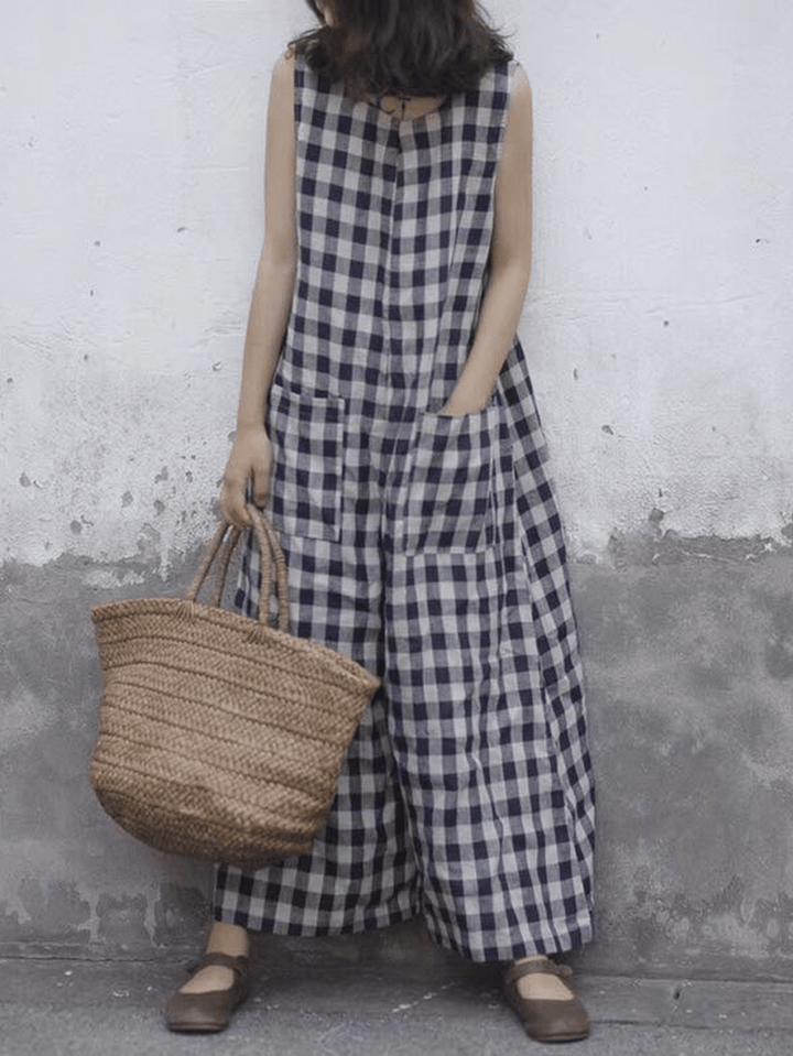 Women Sleeveless Plaid Loose Wide Leg Jumpsuit